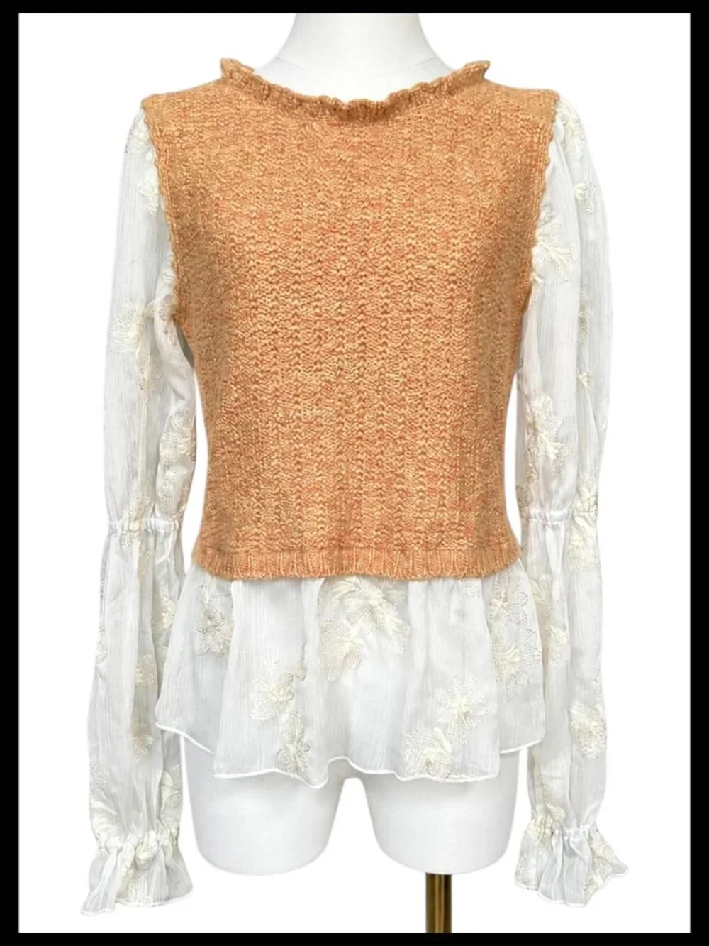 Anthropologie Layered Knit Cropped Vest Cream Orange Lace Embroidered Blouse_S